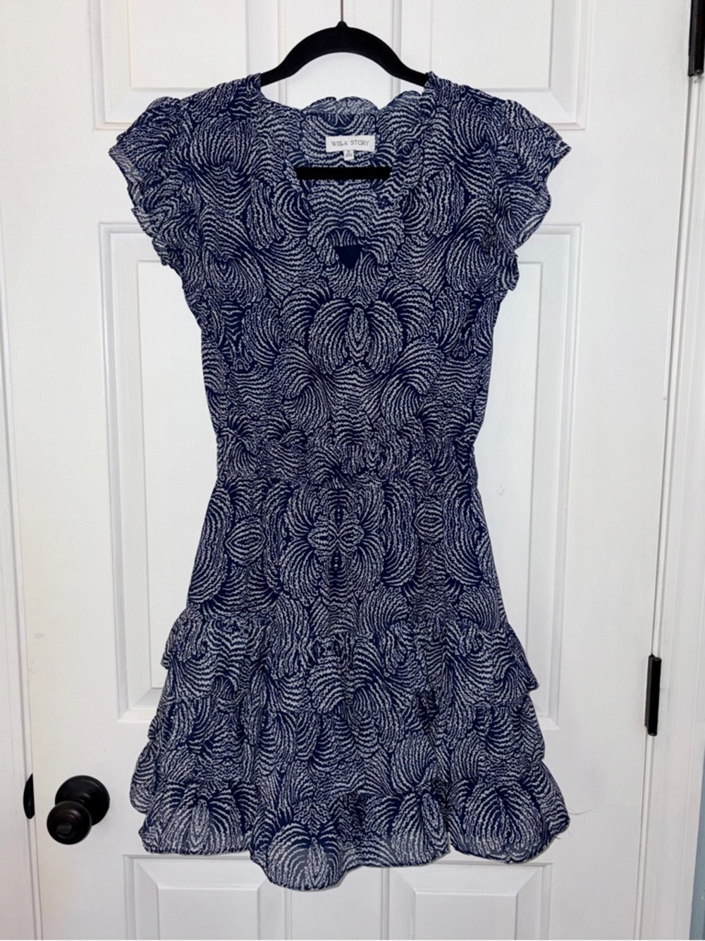 Willa Story Navy White Geometric Ruffle Mini Dress